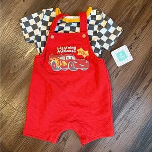NWT Disney Pixar Cars Lightning McQueen Checkered Overall Two Piece Set